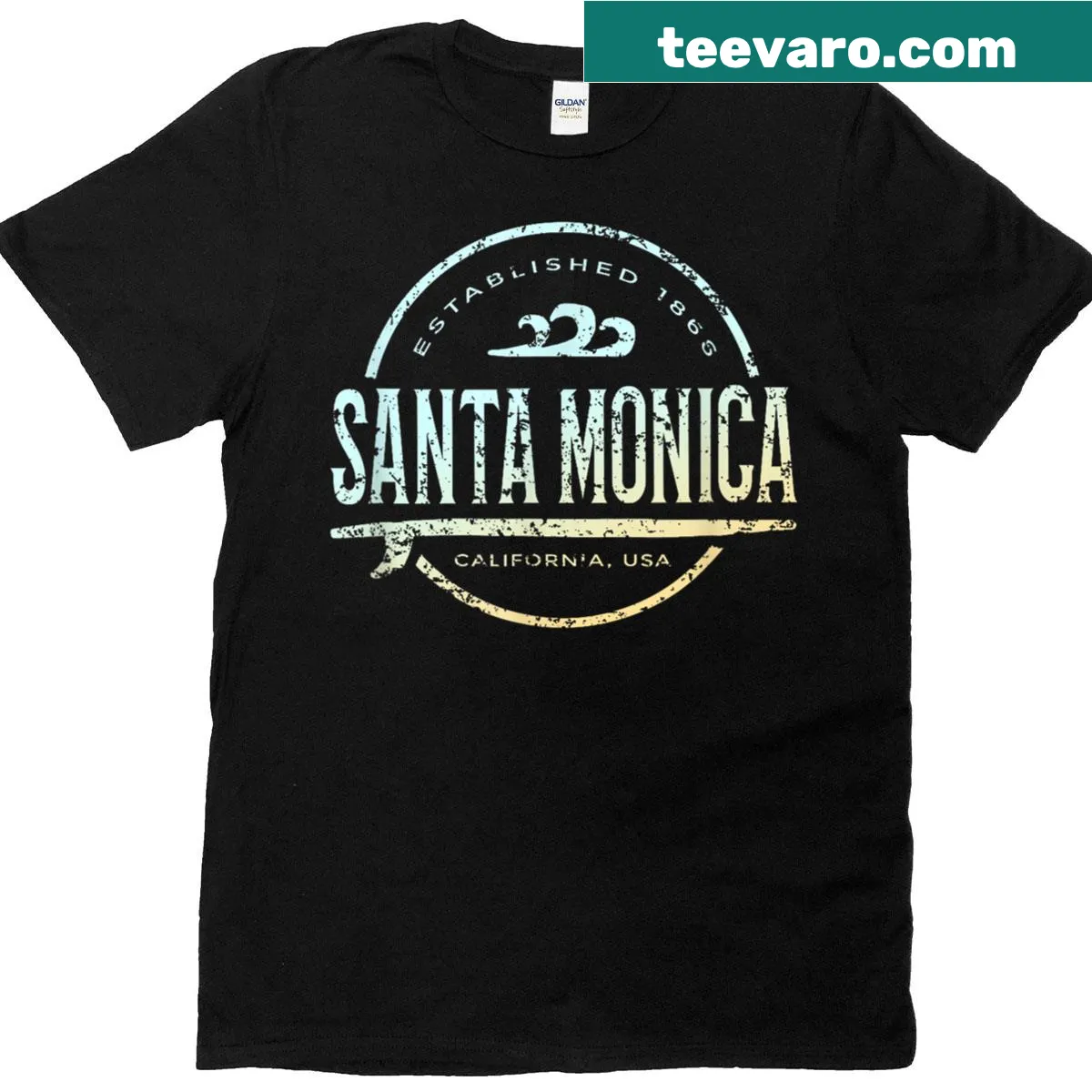 Vintage surf-themed Santa Monica t-shirt — on a men's t-shirt