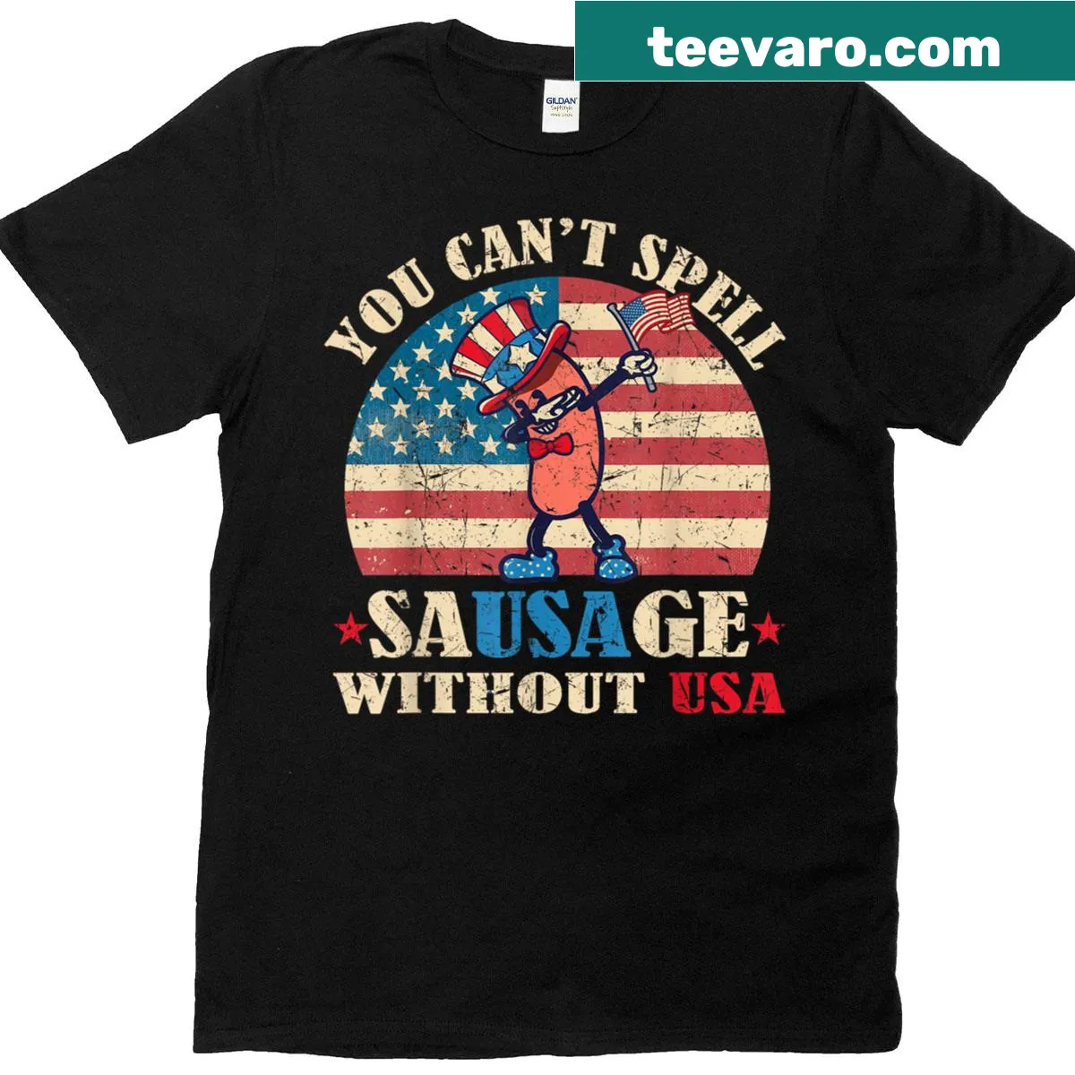 Retro 4th of July shirt with funny sausage graphic and text — on a men's t-shirt