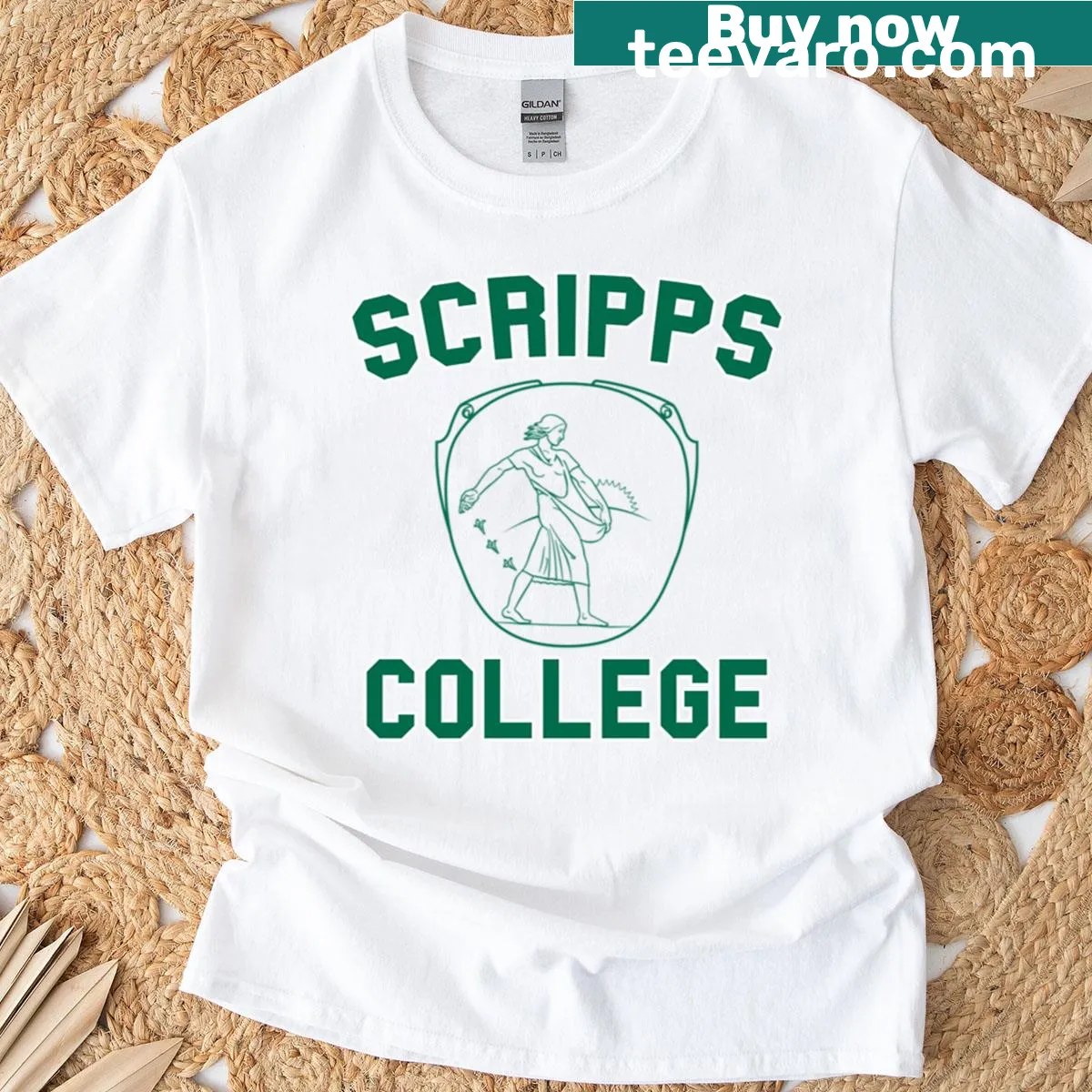 Vintage green Scripps College logo t-shirt, relaxed fit — on a men's t-shirt