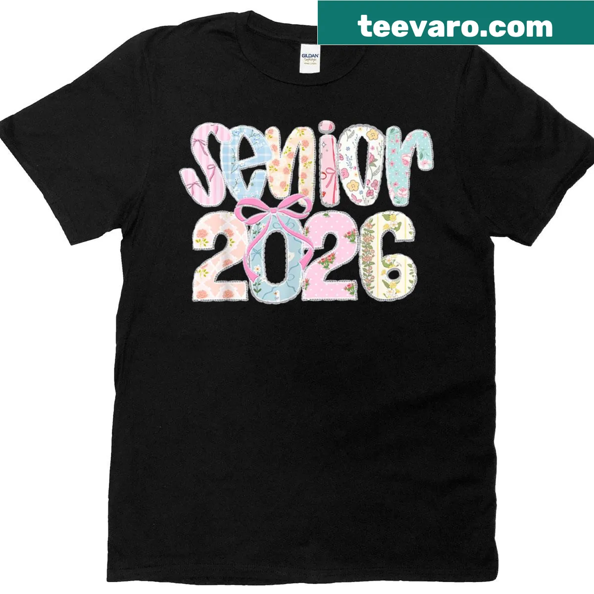 Senior 2026 T-shirt with pastel floral letters and lace bow — on a men's t-shirt
