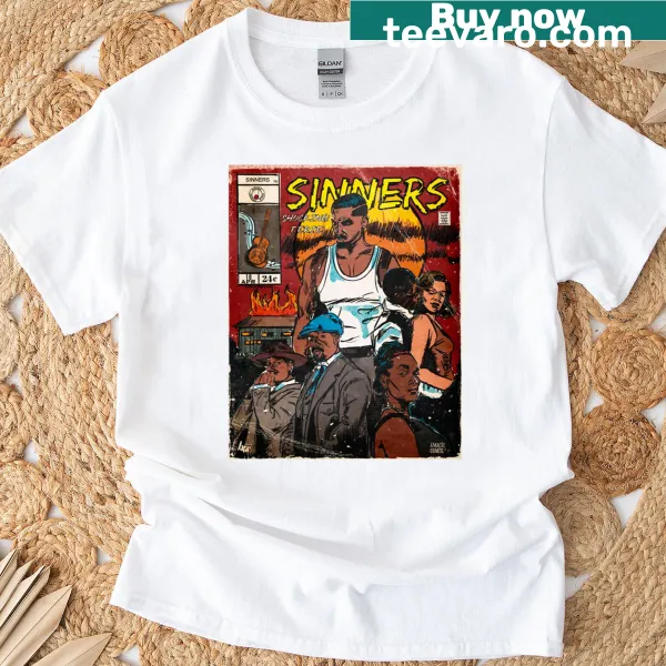 Vintage-style Sinners t-shirt with abstract typography