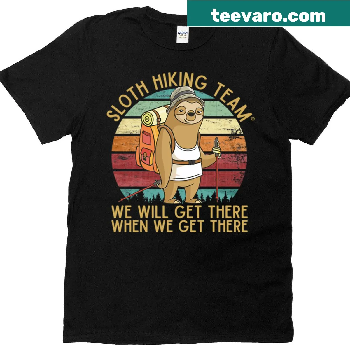 Vintage-style sloth hiking t-shirt with humorous slogan — on a men's t-shirt