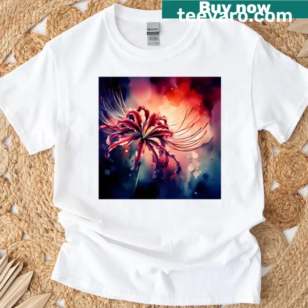 Illustration of a spider lily on a premium T-shirt.