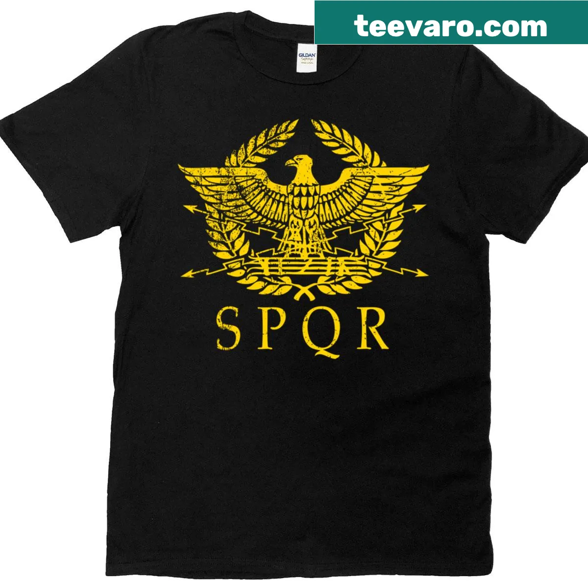 Distressed SPQR logo t-shirt representing Ancient Rome — on a men's t-shirt