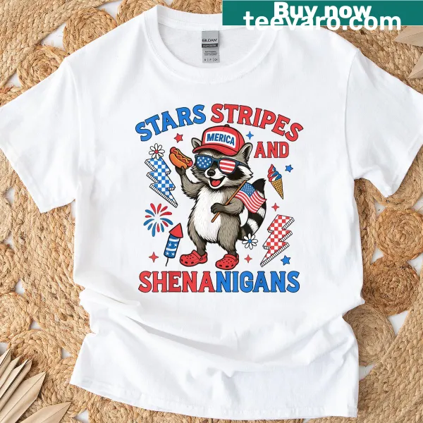 Funny raccoon illustration with stars and stripes on 4th of July T-shirt.