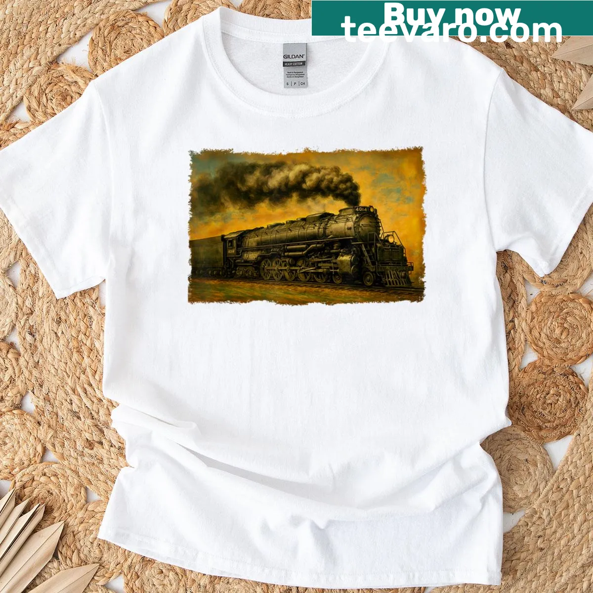 Vintage 1940s steam engine locomotive T-shirt — on a men's t-shirt