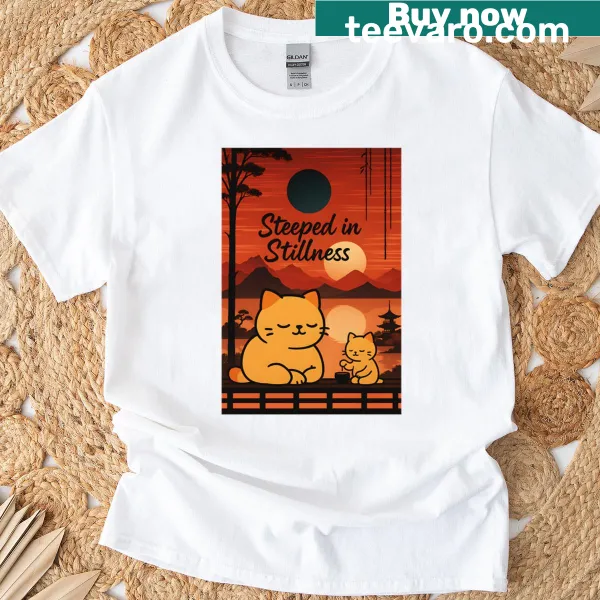 T-shirt featuring the phrase 'Steeped In Stillness' in elegant typography