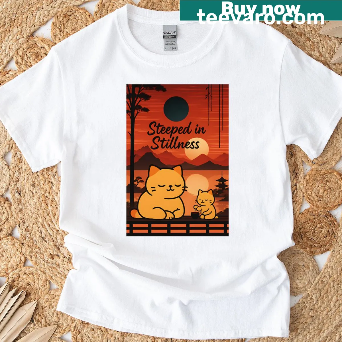 T-shirt featuring the phrase 'Steeped In Stillness' in elegant typography — on a men's t-shirt