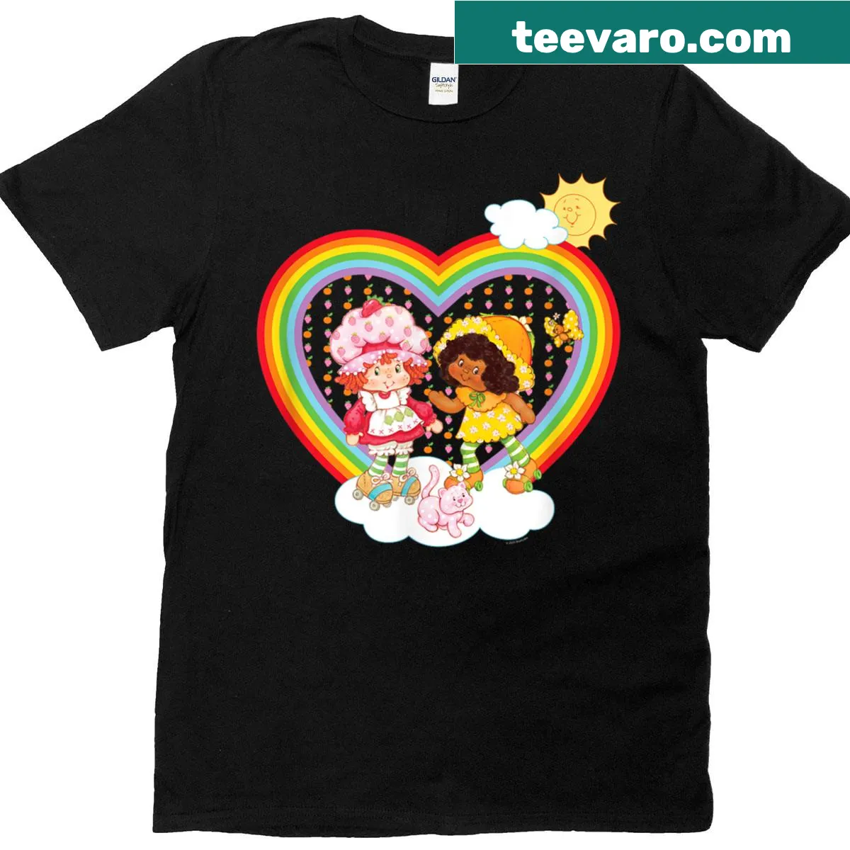 T-shirt with Strawberry Shortcake, Orange Blossom, and rainbow heart design — on a men's t-shirt