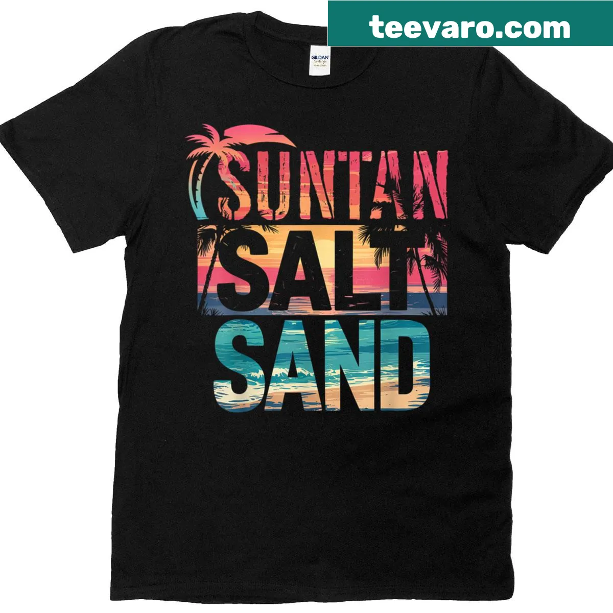 Beach-themed graphic t-shirt with coconut tree and sunset illustration — on a men's t-shirt