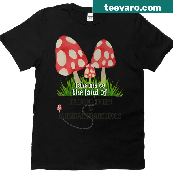 T-shirt with a whimsical illustration of talking trees and musical toadstools
