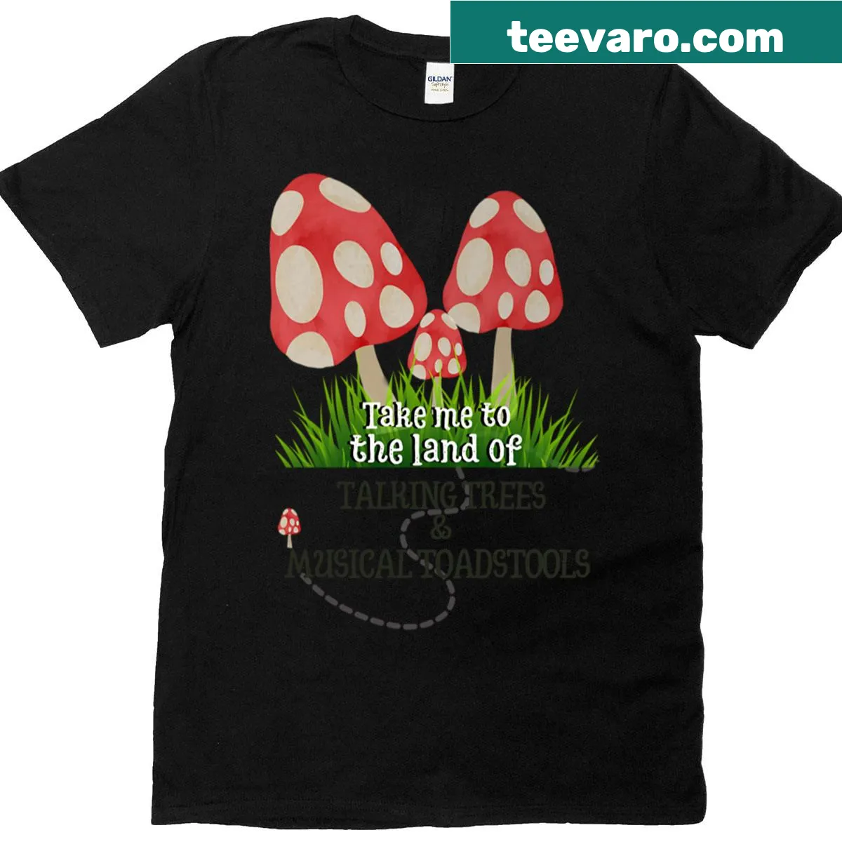 T-shirt with a whimsical illustration of talking trees and musical toadstools — on a men's t-shirt