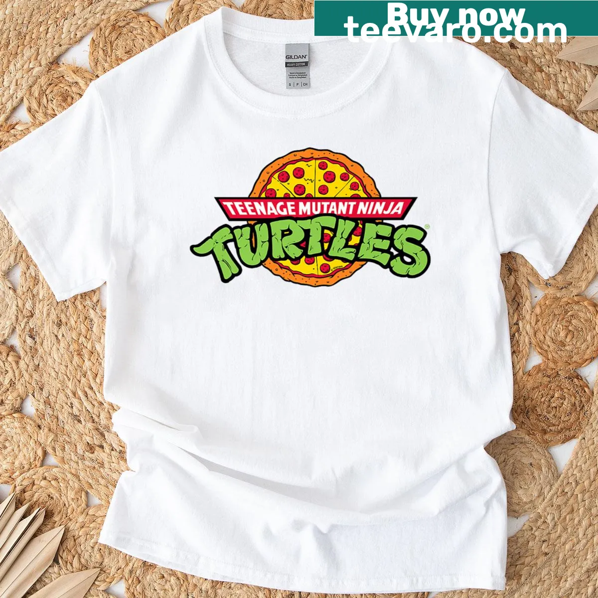 Retro pizza logo T-shirt featuring Teenage Mutant Ninja Turtles — on a men's t-shirt