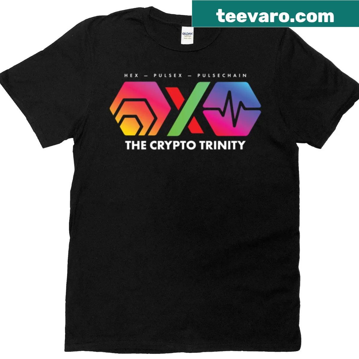 Black T-shirt featuring Crypto Trinity Hex design with Pulsechain and Pulsex logos — on a men's t-shirt