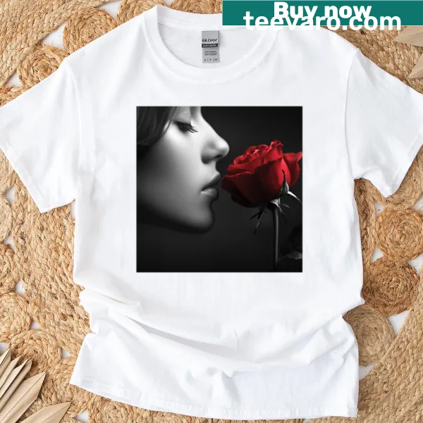 Beautiful t-shirt featuring an illustration of a girl and a rose