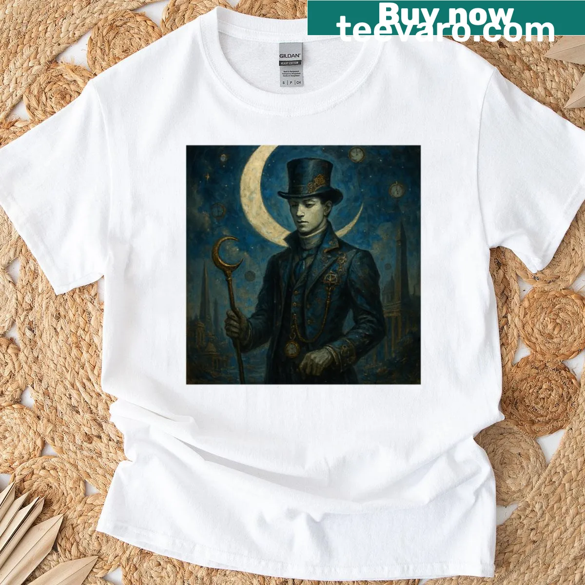 T-shirt featuring a knight under a whimsical suspended moon design. — on a men's t-shirt