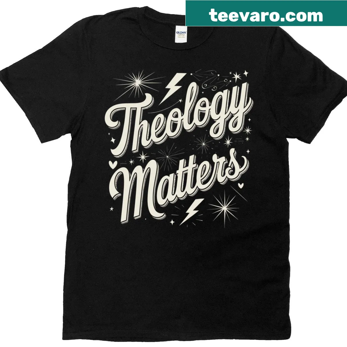 Minimalist T-shirt with typography emphasizing theology — on a men's t-shirt