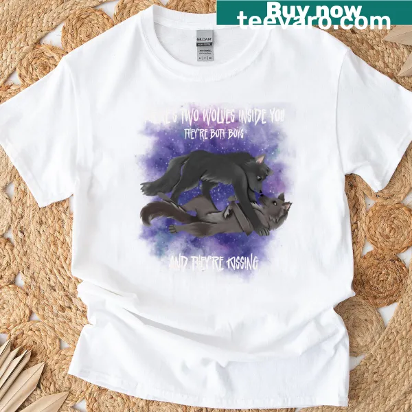 Inspirational T-shirt with text about the two wolves inside you metaphor.