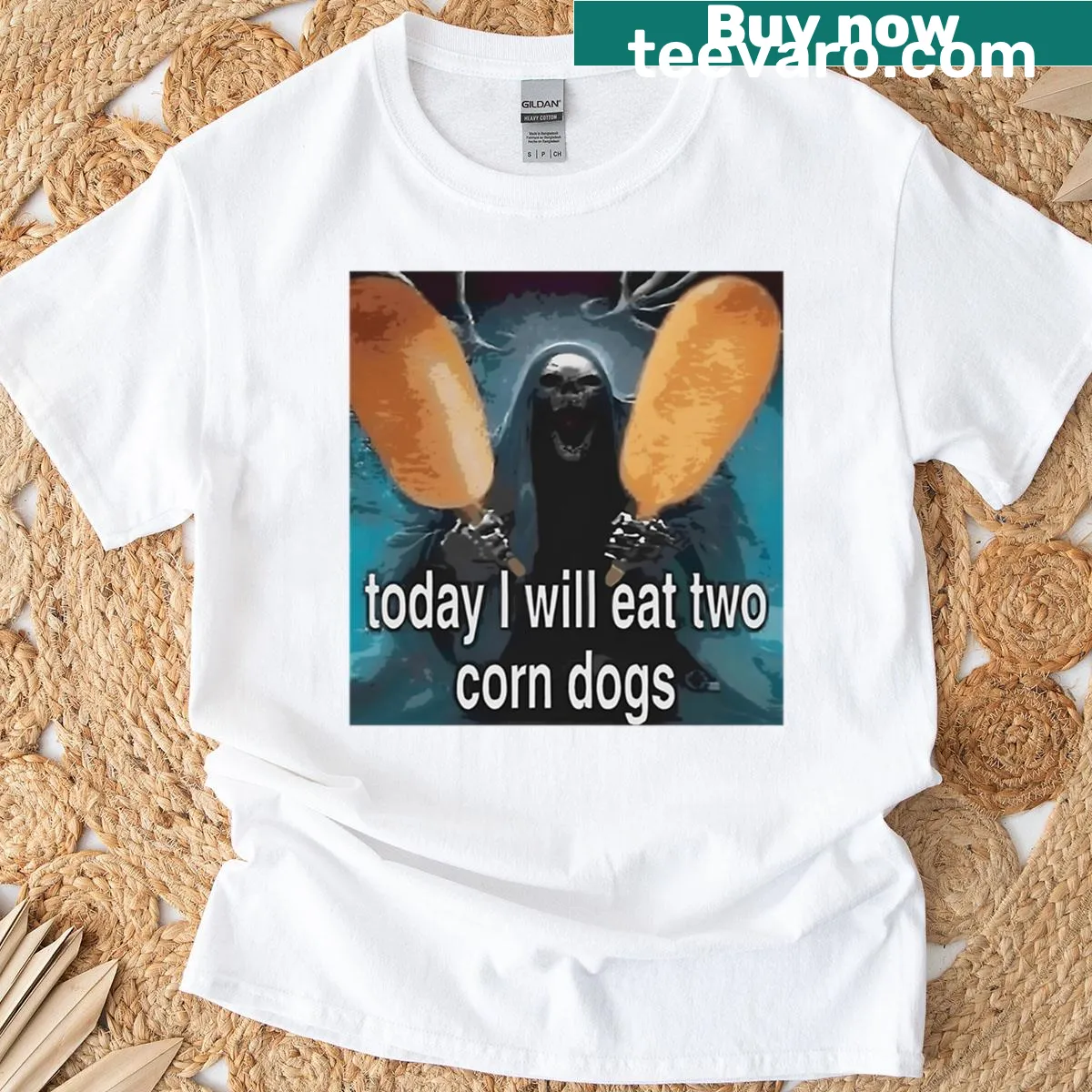 Funny T-shirt featuring a skeleton and corndog meme text — on a men's t-shirt