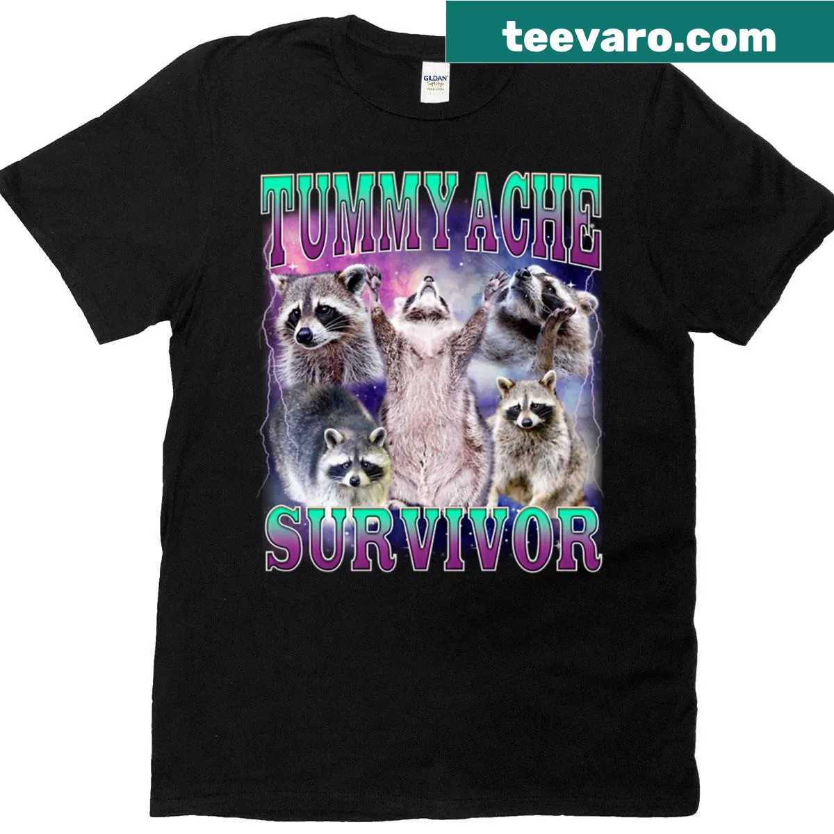 Cartoon raccoon meme T-shirt with humorous slogan about tummy aches — on a men's t-shirt