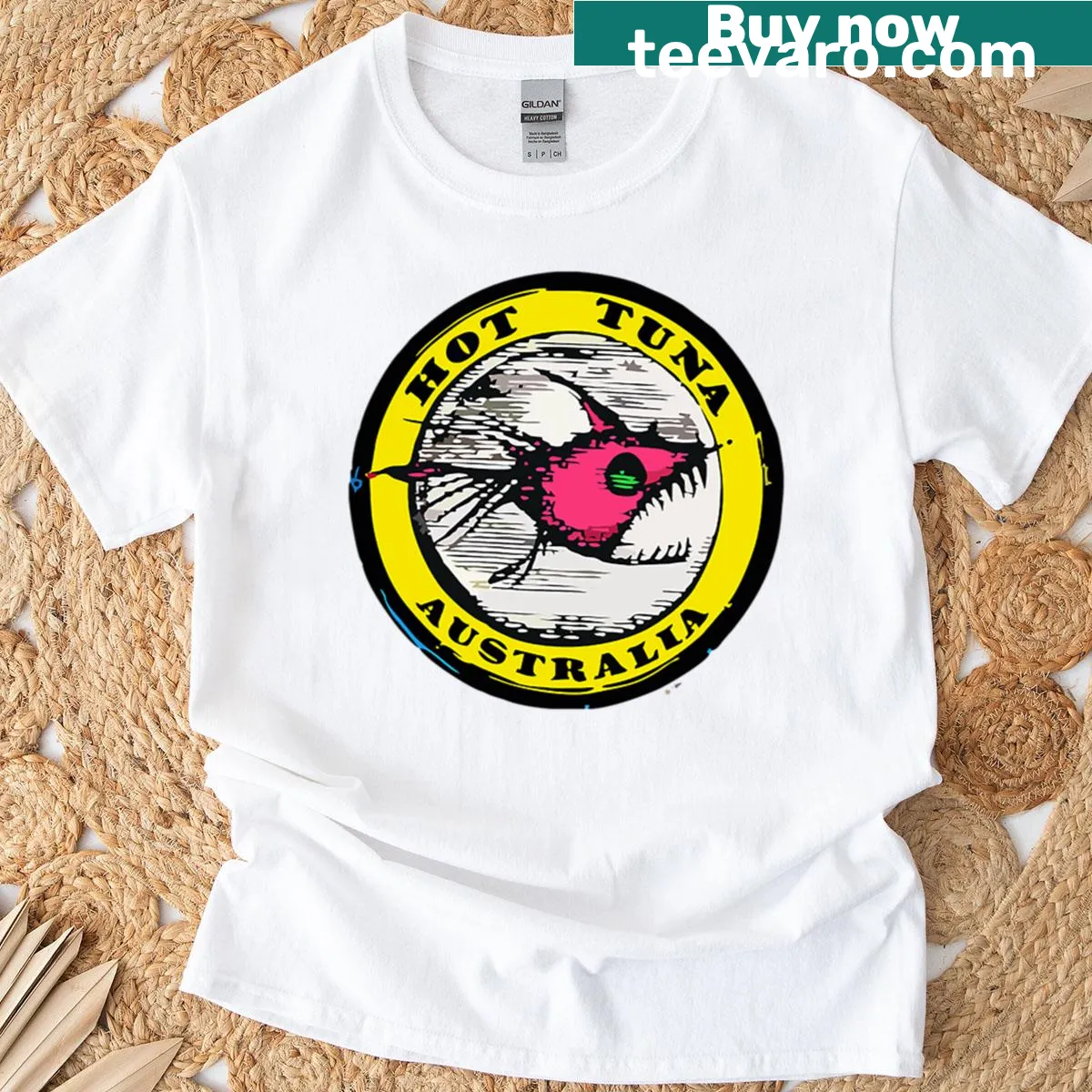 Cartoon logo of a tuna fish on T-shirt — on a men's t-shirt