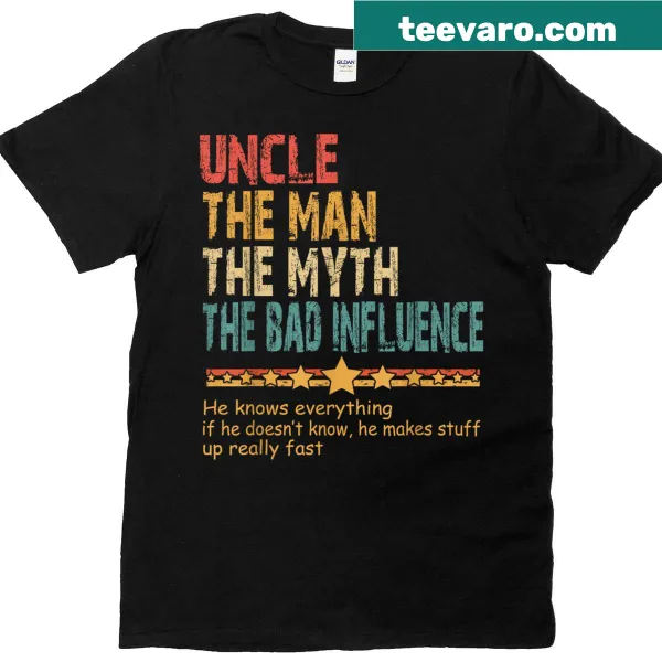 Funny vintage Uncle T-shirt with bold text about being a bad influence