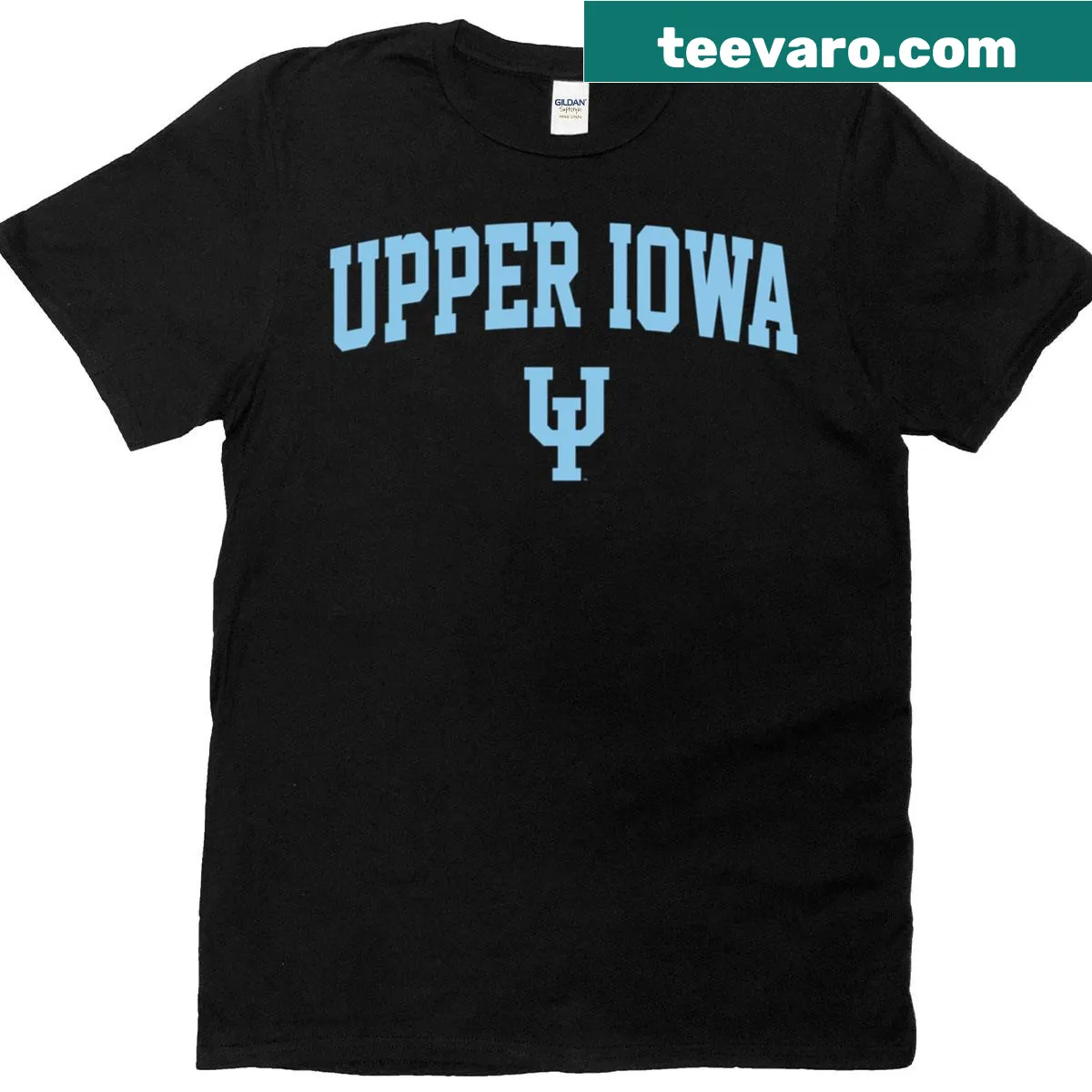 T-shirt featuring the arched logo of Upper Iowa University Peacocks — on a men's t-shirt
