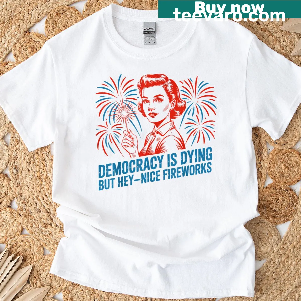 Edgy typography on T-shirt addressing democracy and fireworks — on a men's t-shirt