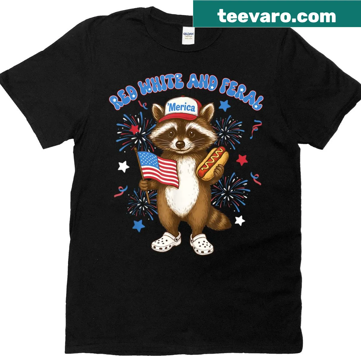 Funny 4th of July kids T-shirt with cartoon raccoon design — on a men's t-shirt