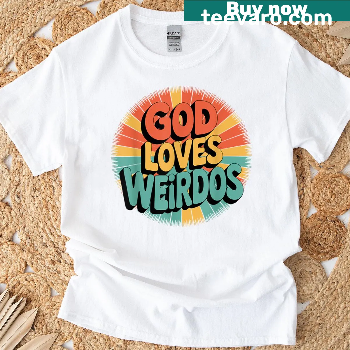 Vintage T-shirt with 'God Love Weirdos' text design — on a men's t-shirt