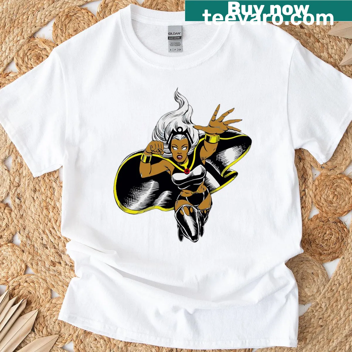 Vintage t-shirt featuring Ororo Munroe illustration — on a men's t-shirt
