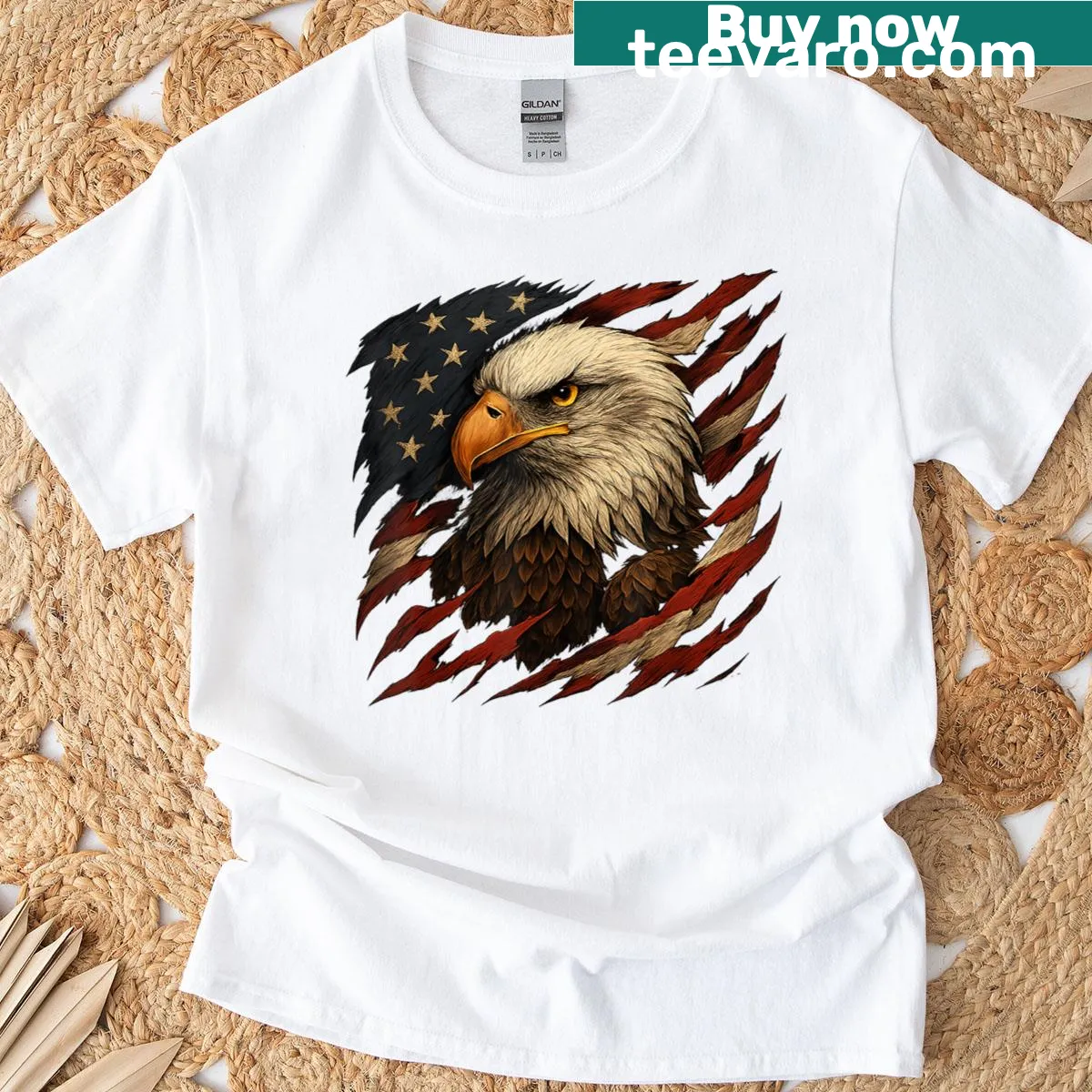 Vintage t-shirt with an eagle and USA flag design for Fourth of July — on a men's t-shirt