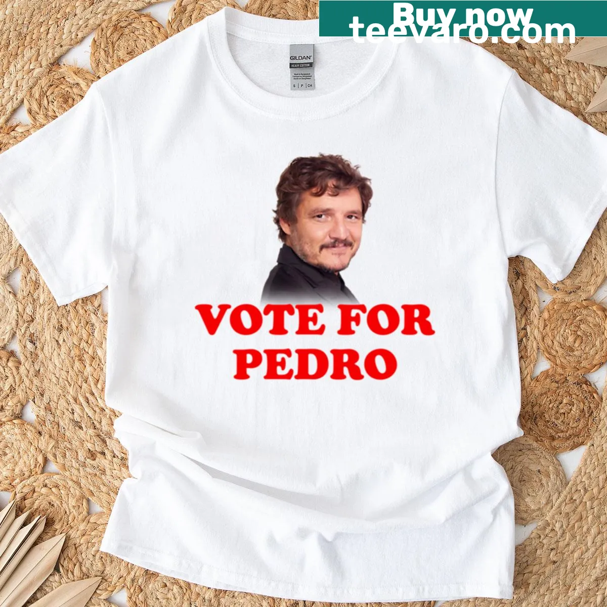 Illustrated Vote For Pedro Pascal t-shirt with a humorous campaign design. — on a men's t-shirt