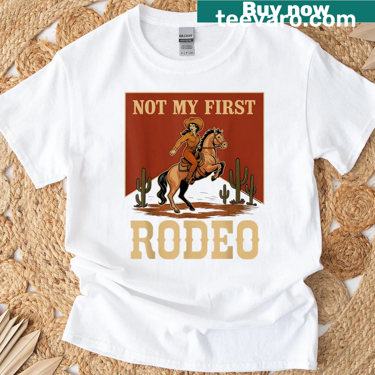 Funny cowgirl t-shirt with 'Not My First Rodeo' text — on a men's t-shirt
