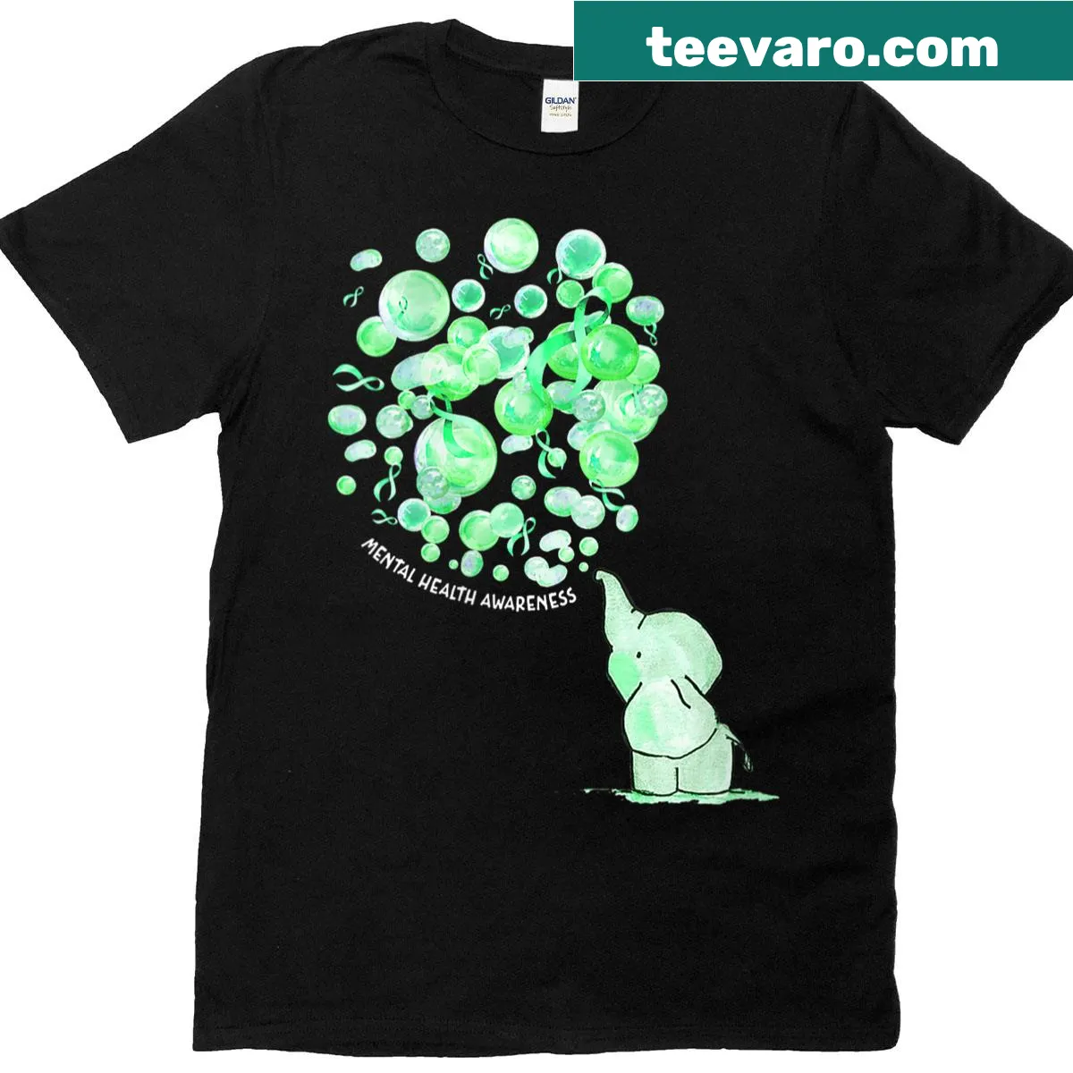 T-shirt featuring an elephant blowing up green balloons for mental health awareness — on a men's t-shirt