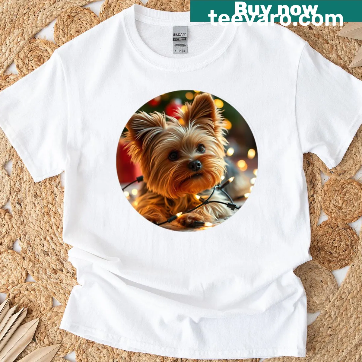 Yorkie Lights t-shirt with cute dog illustration — on a men's t-shirt