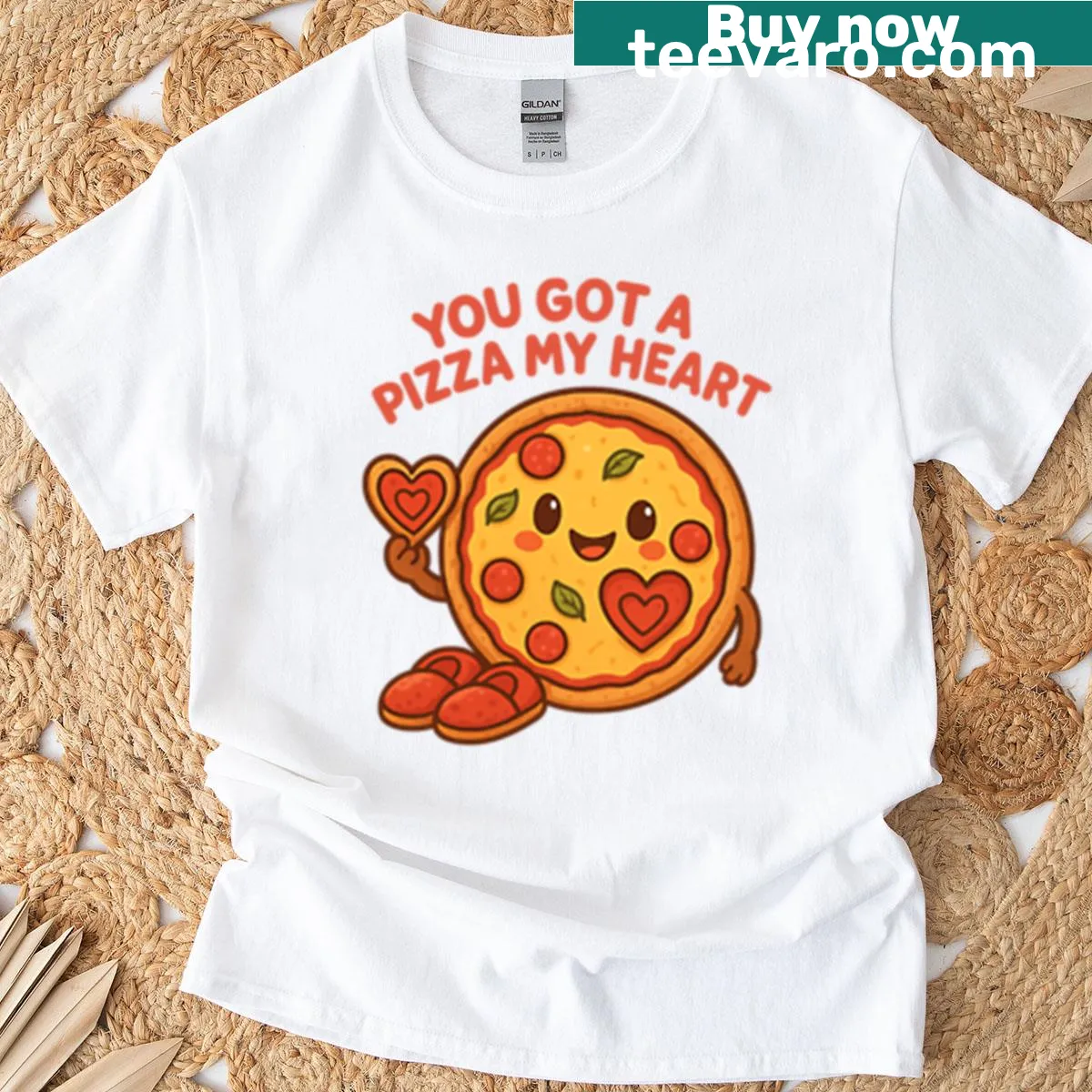 Playful graphic tee with pizza pun text — on a men's t-shirt