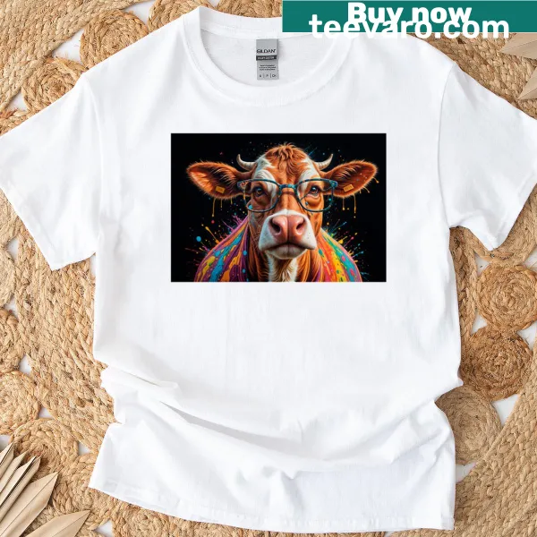 Cute cow T-shirt featuring a cow wearing glasses in an illustration