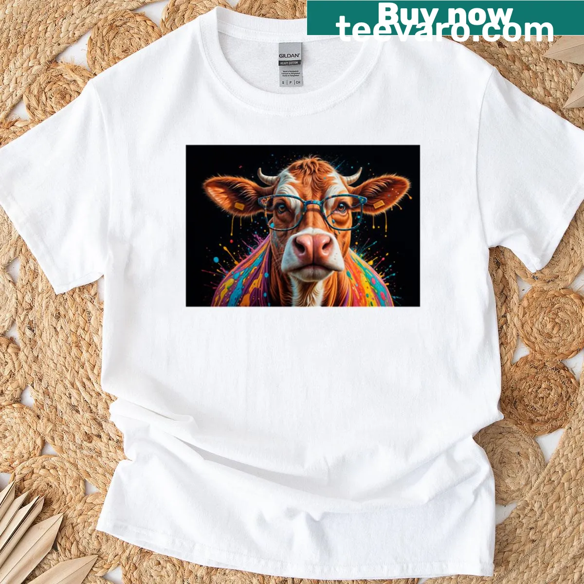 Cute cow T-shirt featuring a cow wearing glasses in an illustration — on a men's t-shirt