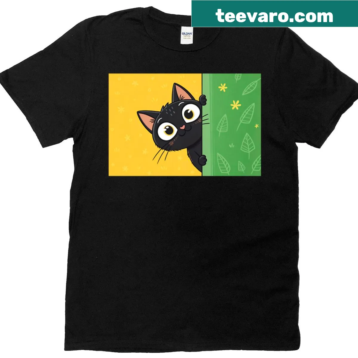 Illustration of a black cat peeking from a green wall on a T-shirt — on a men's t-shirt