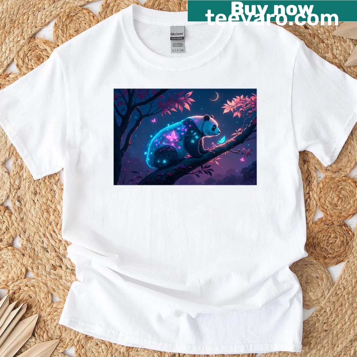Whimsical glowing panda t-shirt design — on a men's t-shirt