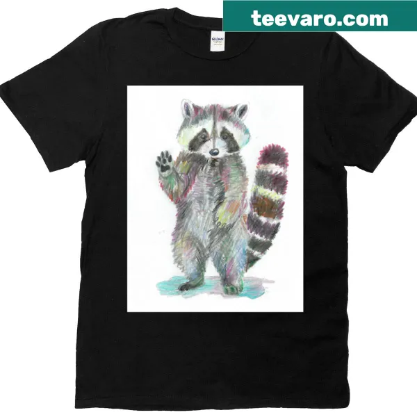 Cartoon raccoon waving in rainbow colors on a T-shirt