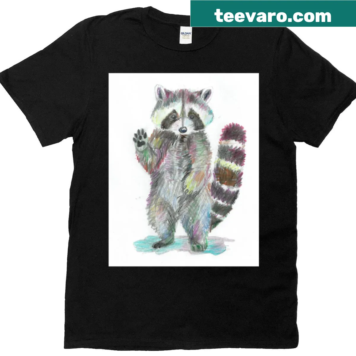 Cartoon raccoon waving in rainbow colors on a T-shirt — on a men's t-shirt