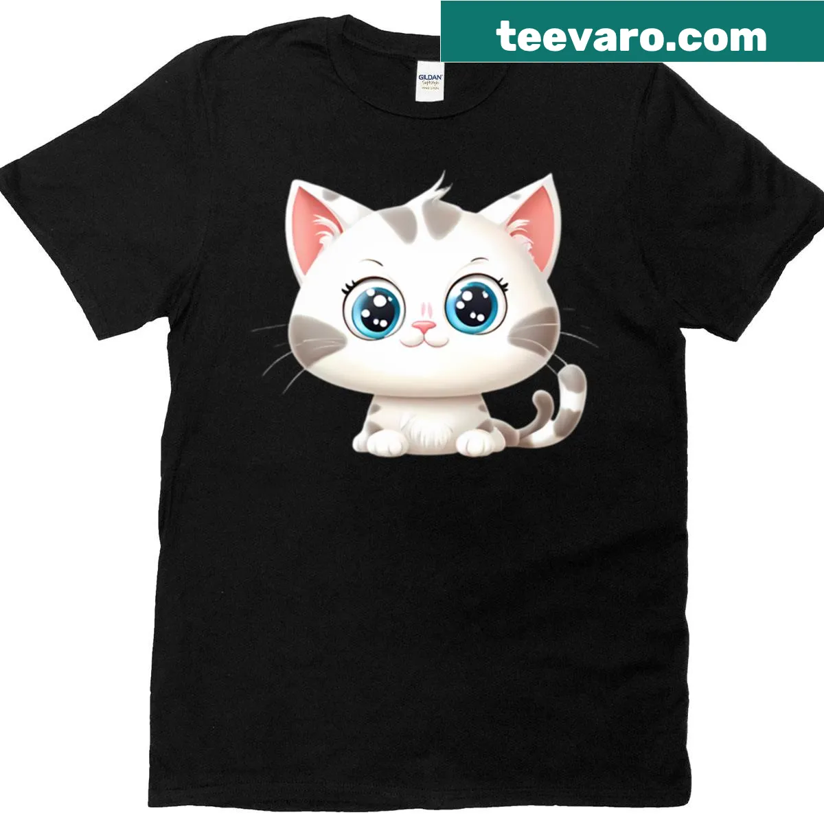 Cartoon kitten with big blue eyes on an oversized T-shirt — on a men's t-shirt