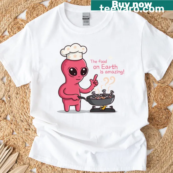 Cartoon alien chef t-shirt celebrating earthly food