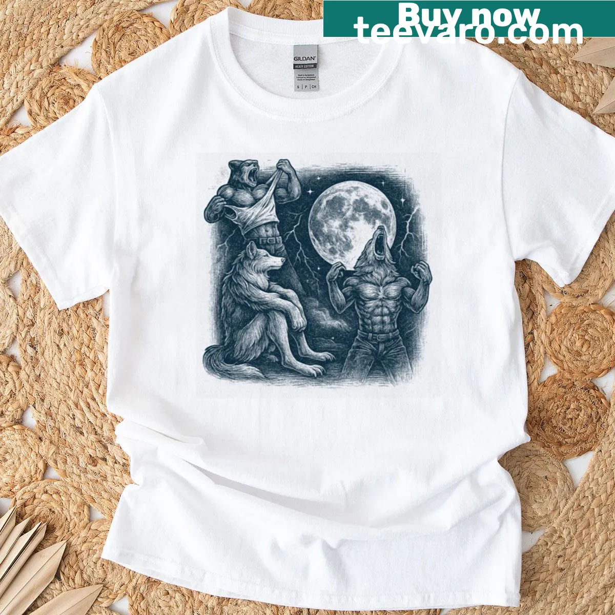Vintage distressed t-shirt featuring an alpha wolf graphic — on a men's t-shirt