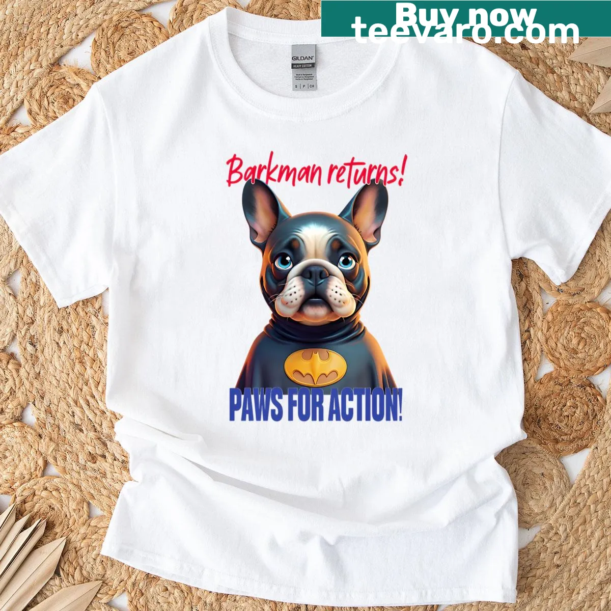 Playful cartoon design of Barkman, a superhero dog — on a men's t-shirt