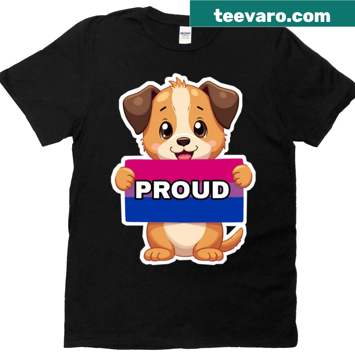 Pride-themed T-shirt featuring a puppy illustration — on a men's t-shirt