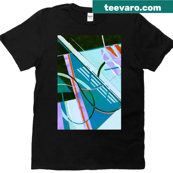 Abstract t-shirt featuring a paper collage design in red, blue, and purple