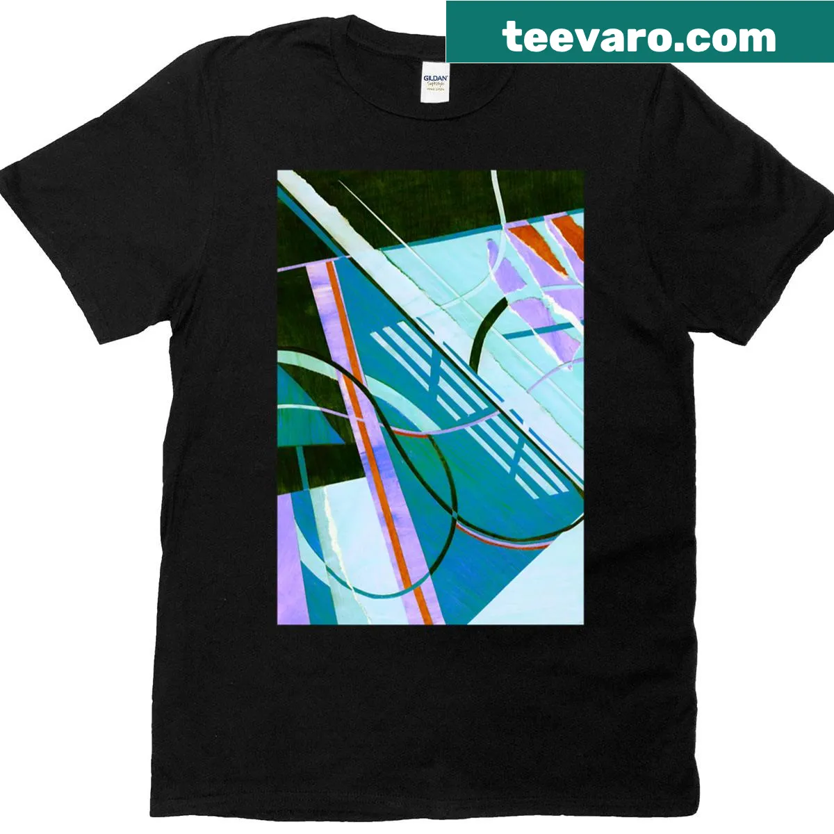 Abstract t-shirt featuring a paper collage design in red, blue, and purple — on a men's t-shirt